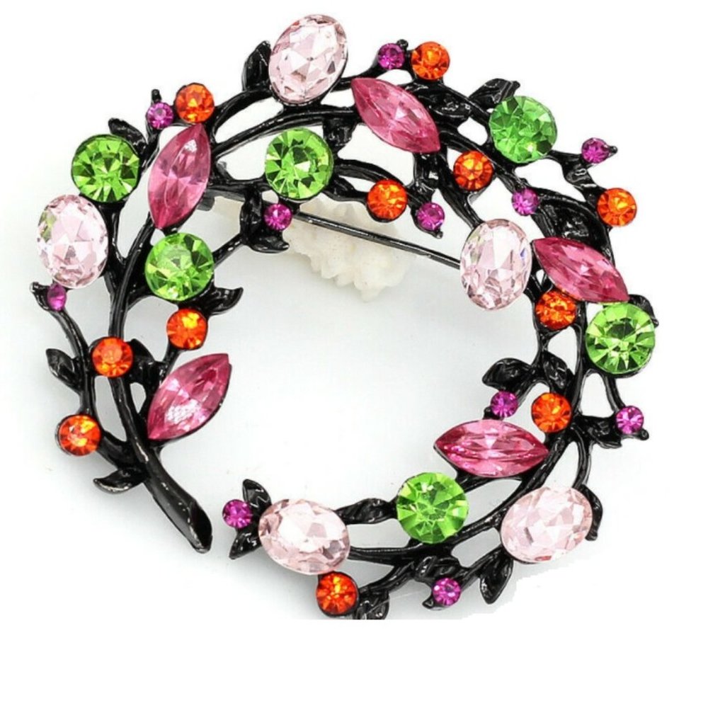 Large Crystal Leaf Flower Wreath Brooch NWT